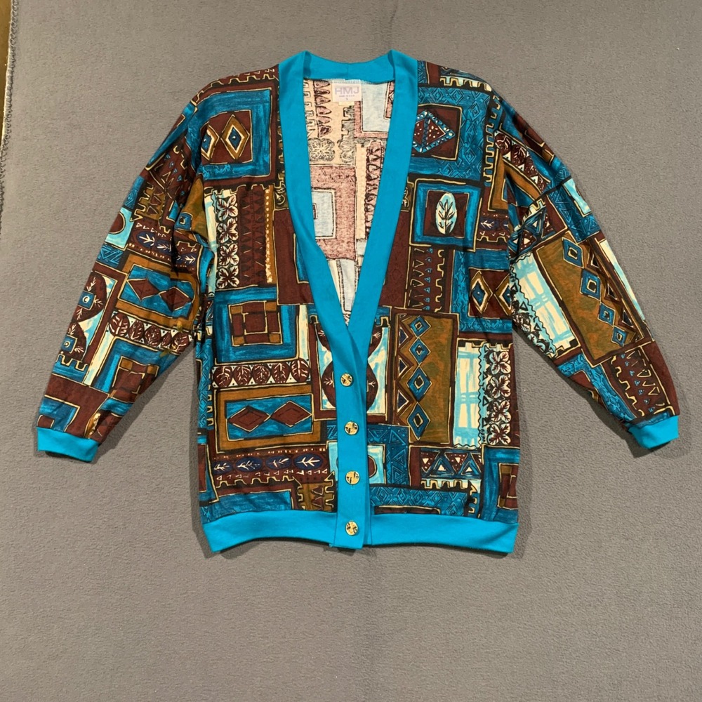 HMJ Cardigan Women Small Blue Brown Geometric Tribal Vintage 80s 90s Retro USA